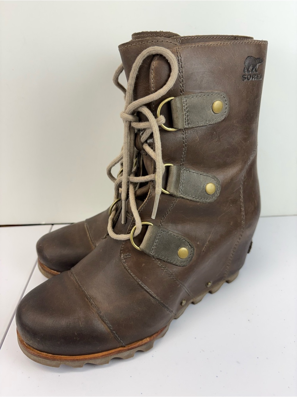 Sorel Joan of Arctic Mid Wedge Boots Womens 8.5 Brown Waterproof Leather NL2173-